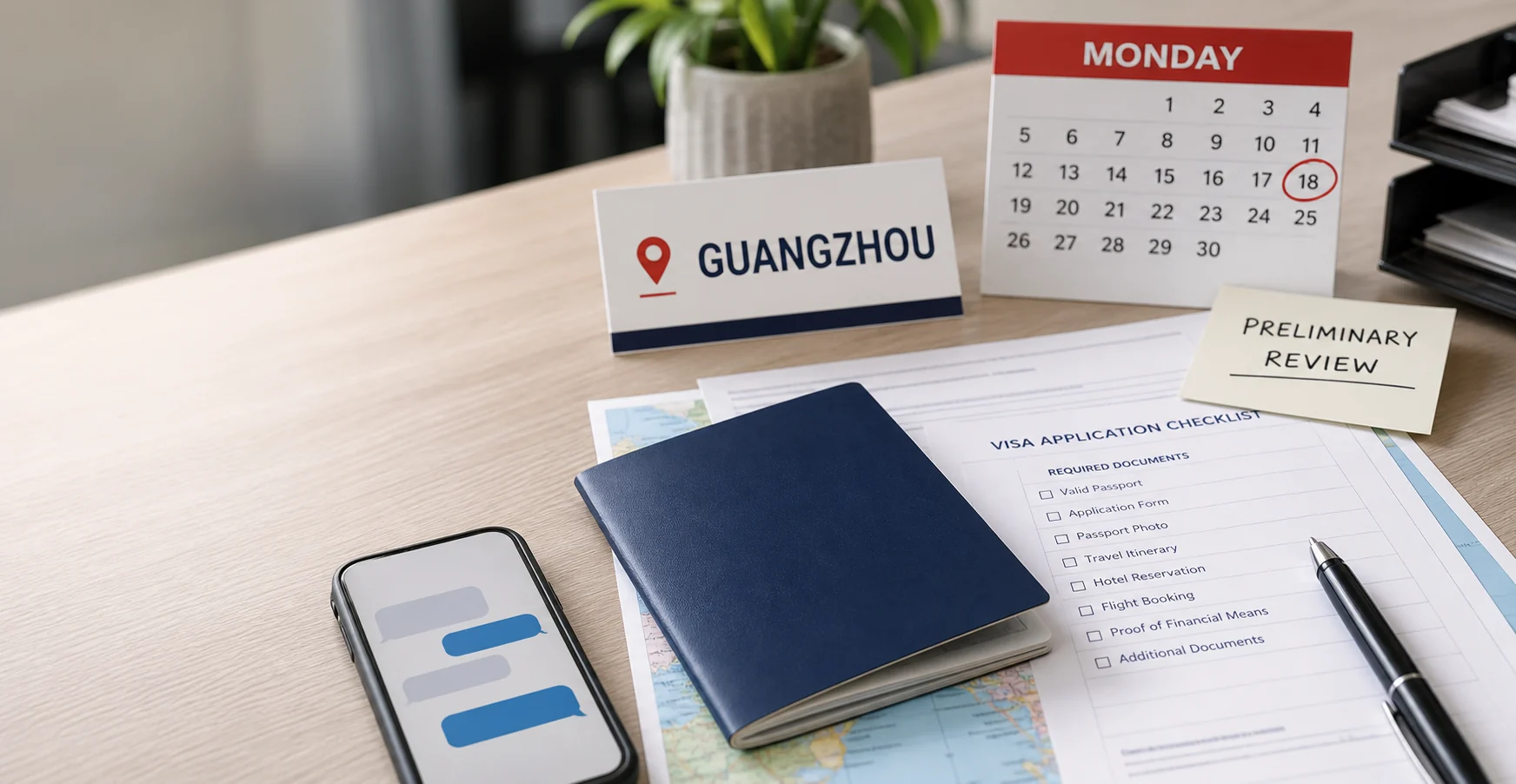 China visa and passport desk scene with Guangzhou, a Monday deadline, preliminary review note, and application checklist