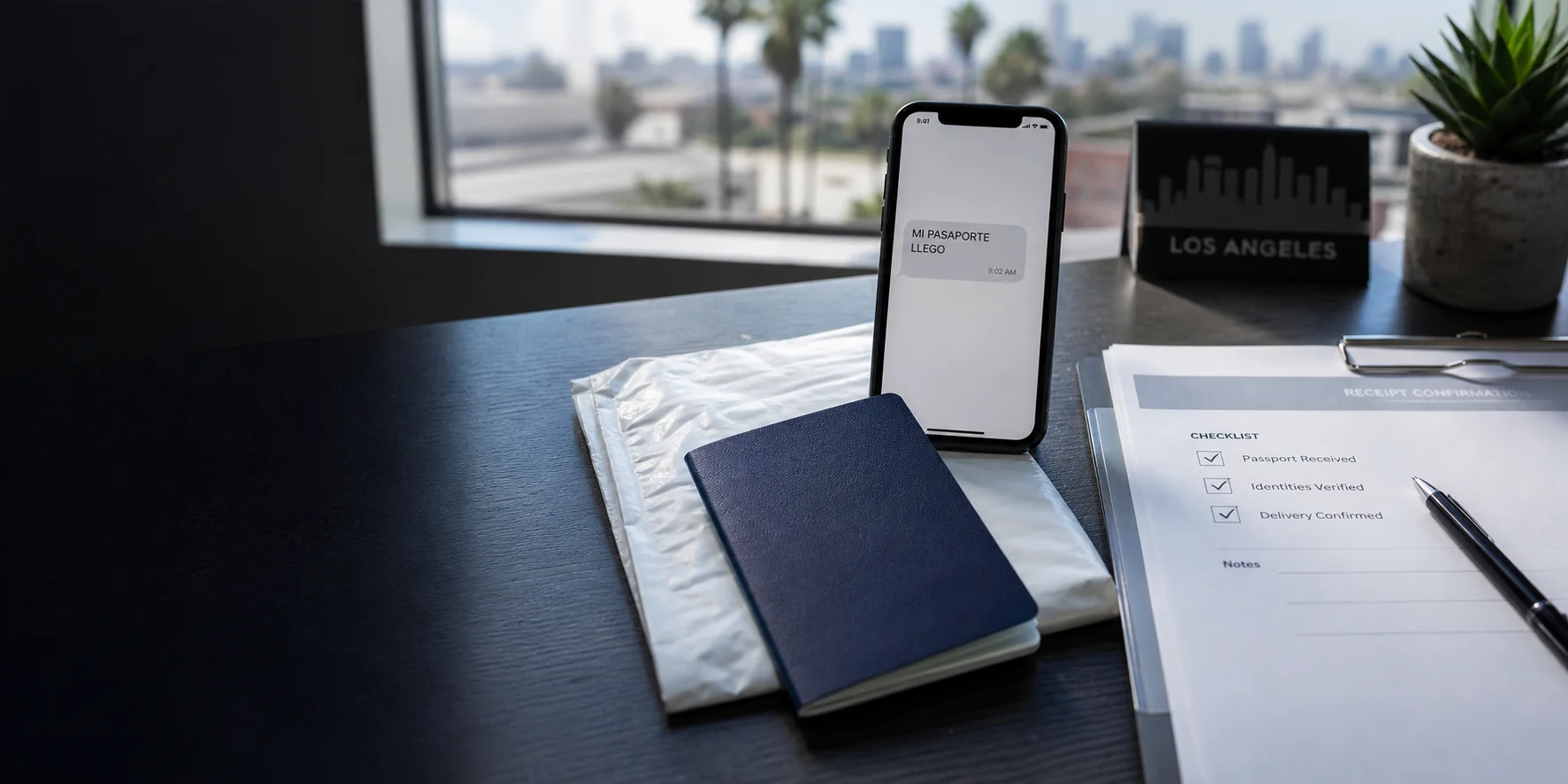 Passport booklet on a delivery envelope beside a phone showing a Spanish passport-arrived message