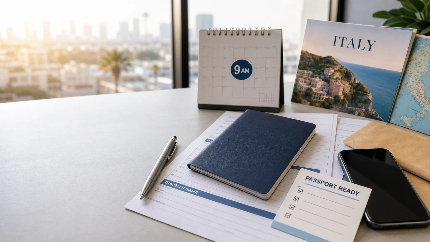 Passport and travel documents prepared for next-day Italy travel