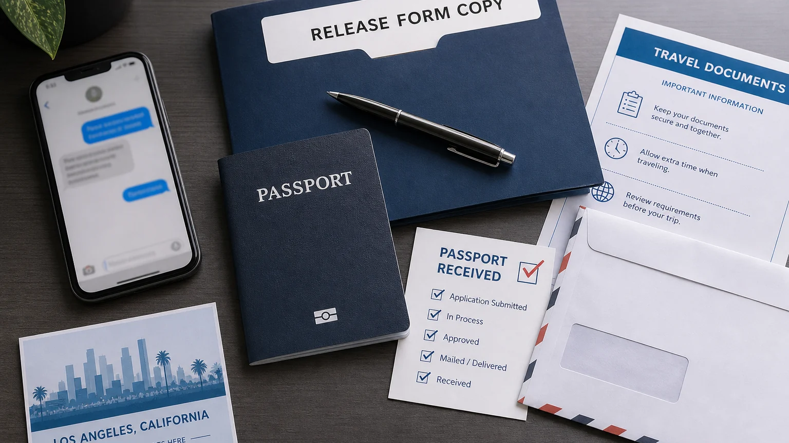 Passport documents, a release form copy folder, and a passport received checklist for a final case follow-up