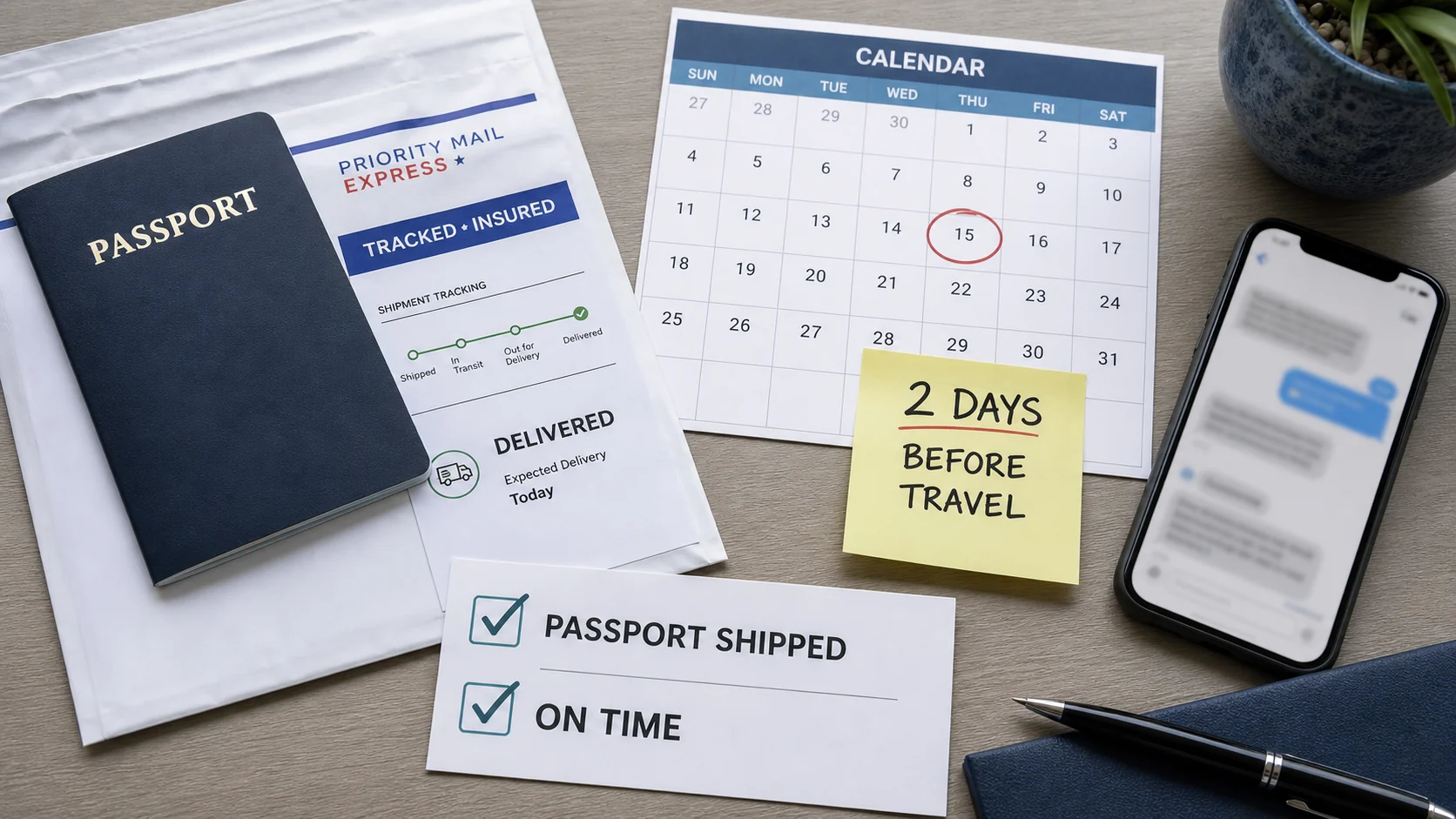 Passport documents, shipping envelope, calendar, and two-days-before-travel note for an on-time passport case