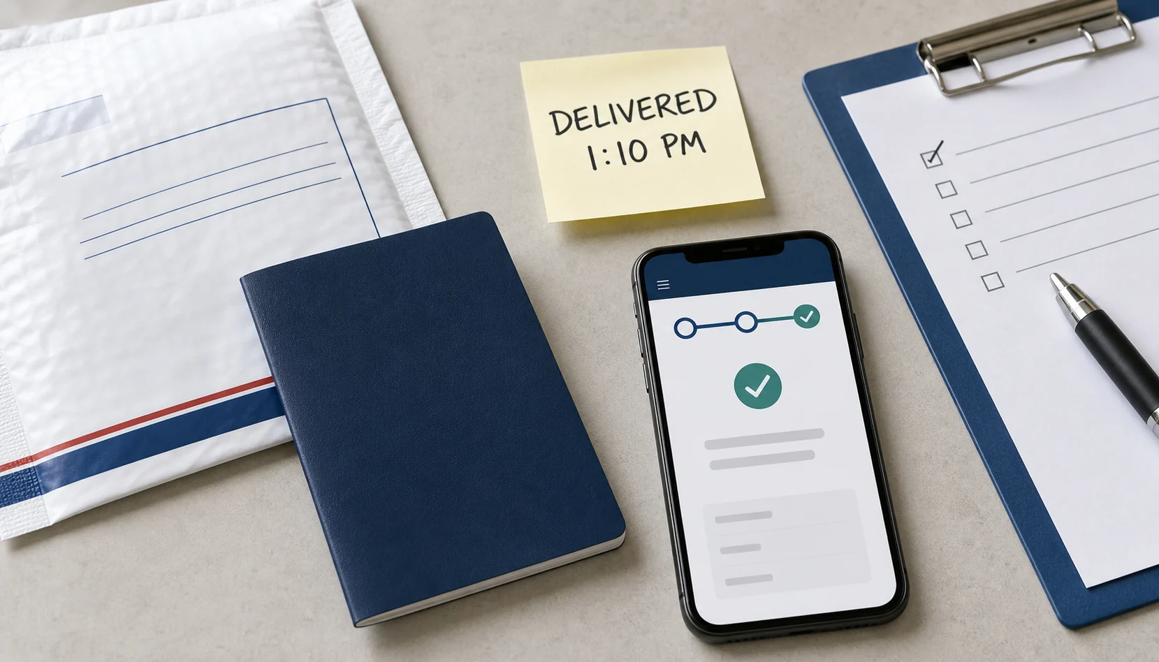 Passport booklet, delivery envelope, delivered-tracking phone screen, and 1:10 PM delivery note for Edward C. passport delivery case
