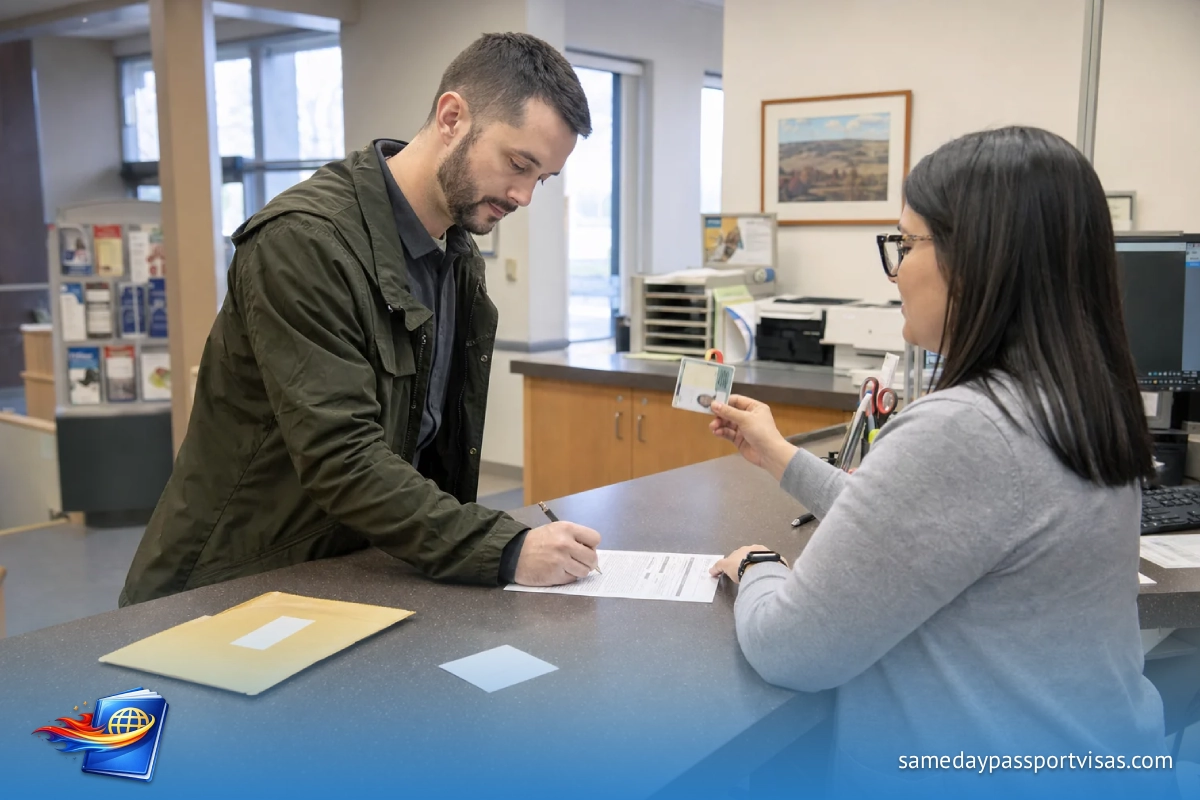 Illustration of an applicant completing paperwork with a passport acceptance agent.