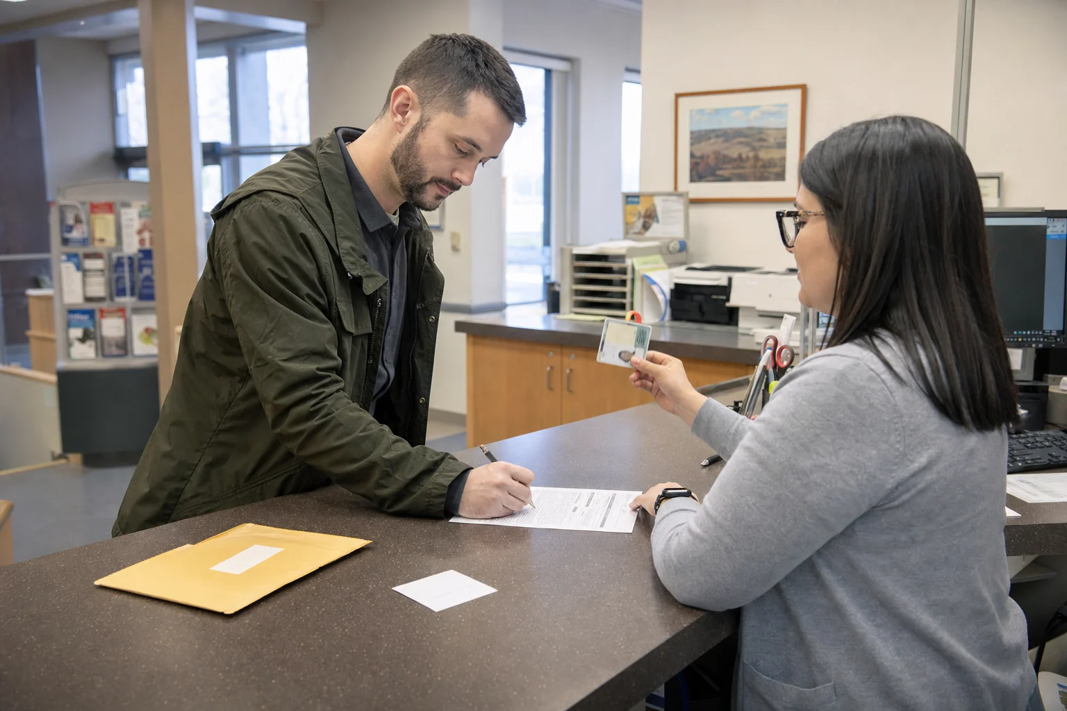 First-time applicant completing a DS-11 acceptance step at a public service counter