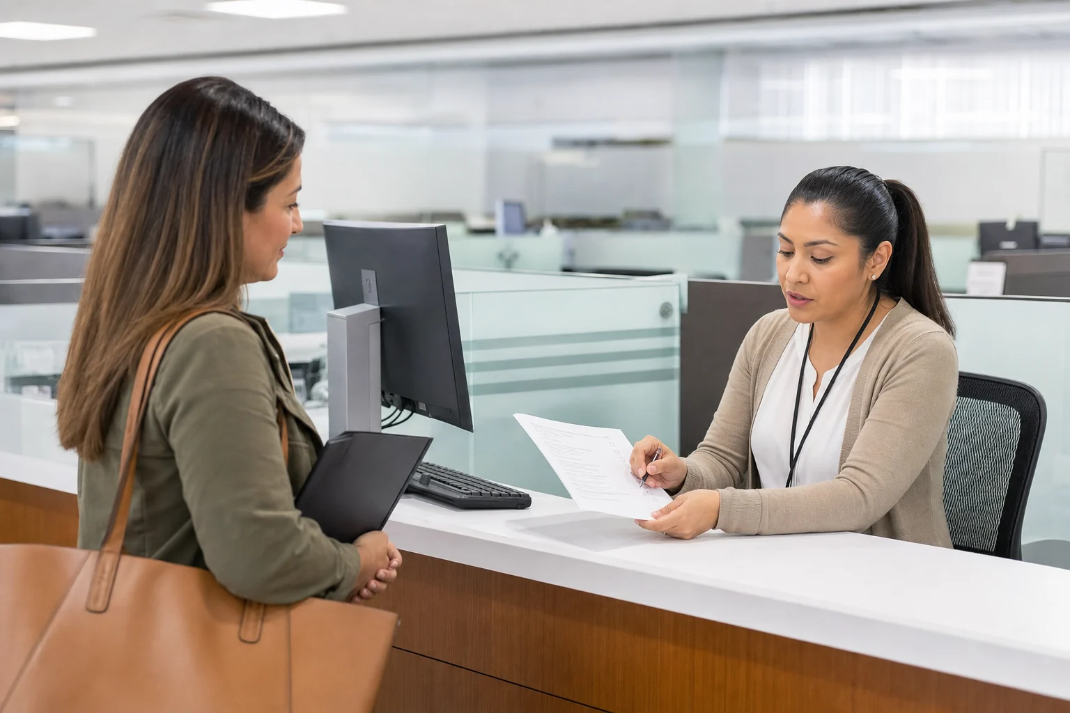 Traveler reviewing an urgent passport application at a government service counter