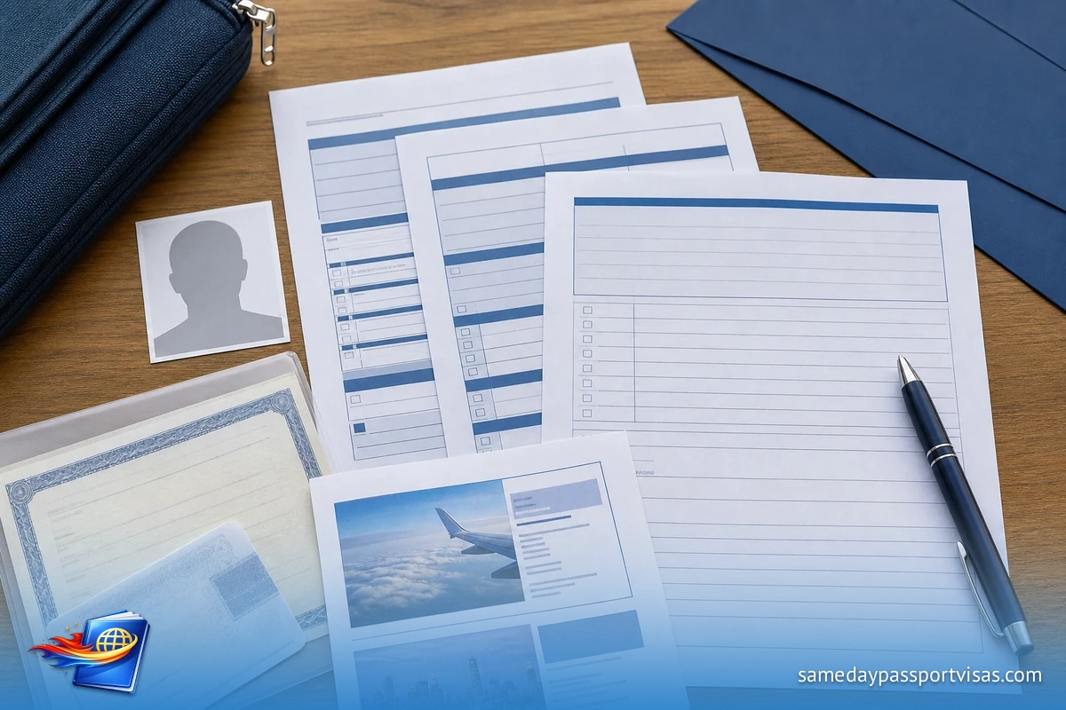 Illustration of application forms, identification papers and a pen arranged for a document check.