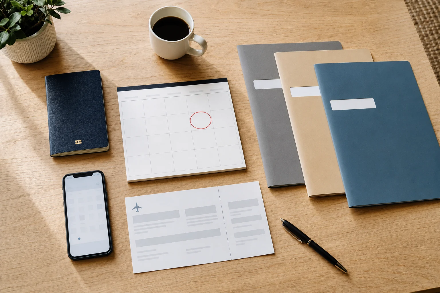 Passport, travel calendar, itinerary, phone, and three route folders arranged on a desk