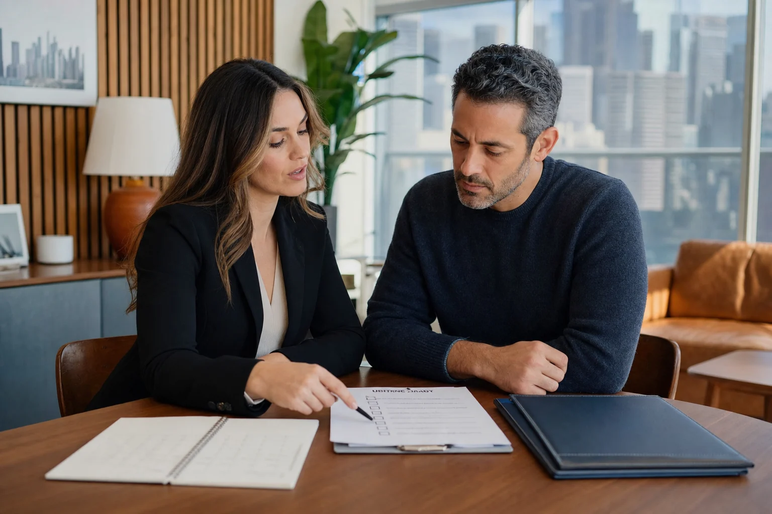 Private passport consultant reviewing an application checklist with a traveler