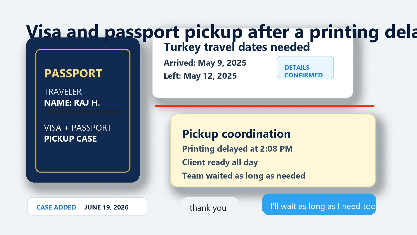Visa and passport pickup documents with Turkey travel dates and a printing delay note
