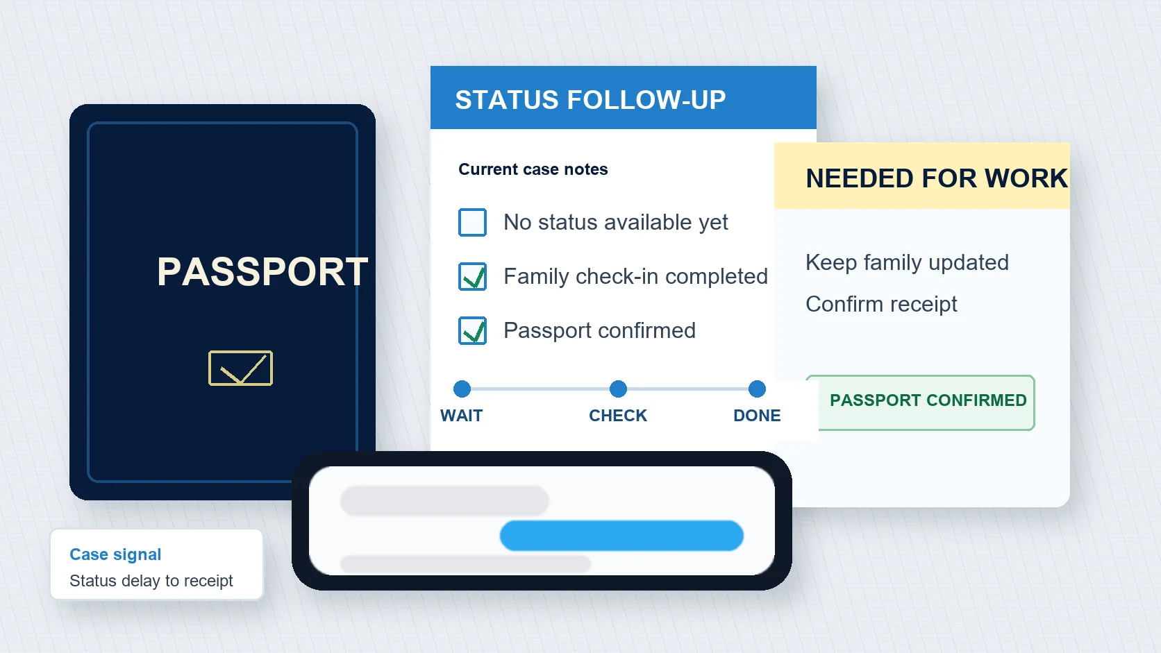 Passport status follow-up checklist, work folder, and passport confirmed note for a job-related passport case