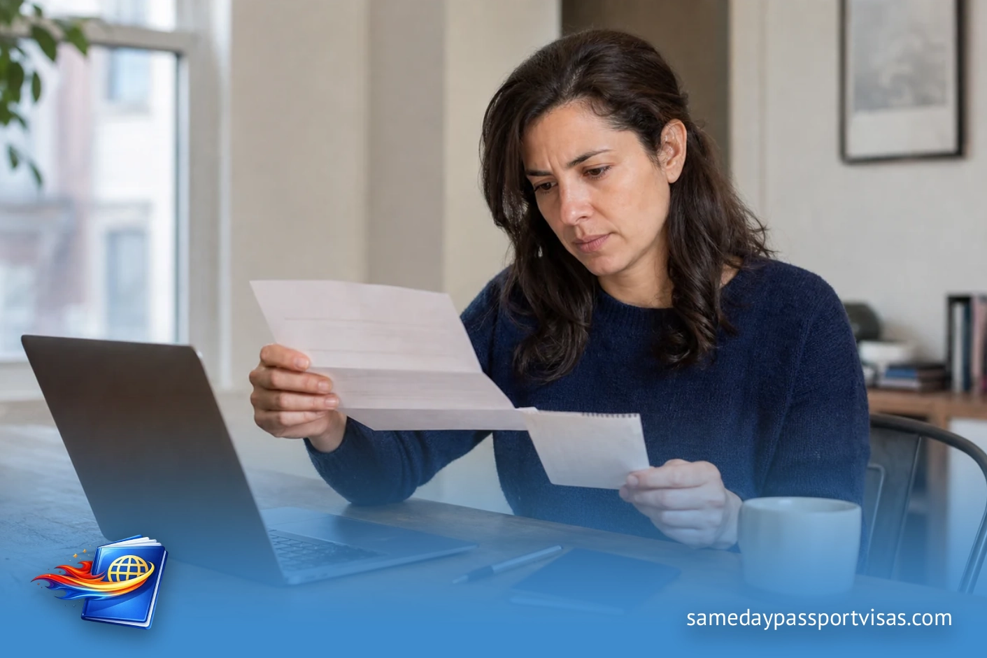 Illustration of a traveler reviewing a letter and passport application papers.