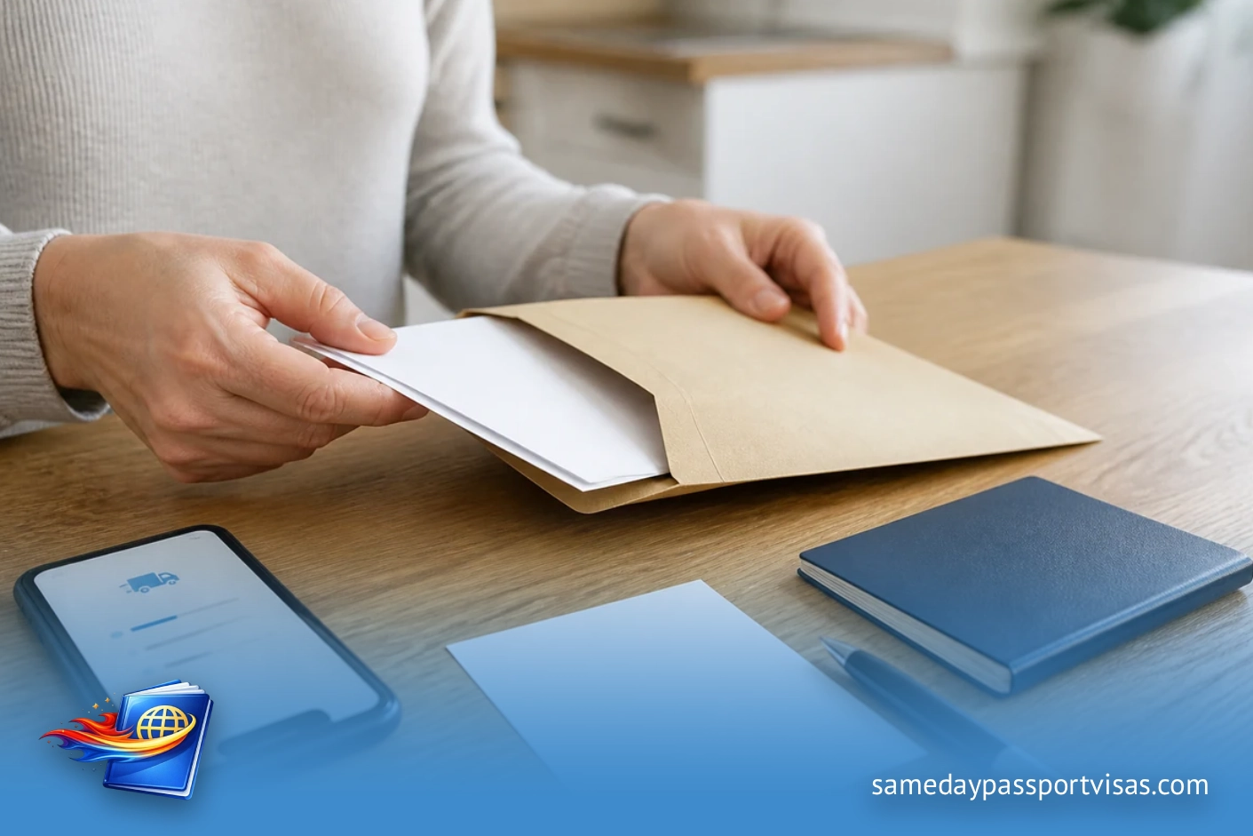 Illustration of application papers being placed in a mailing envelope beside a passport.