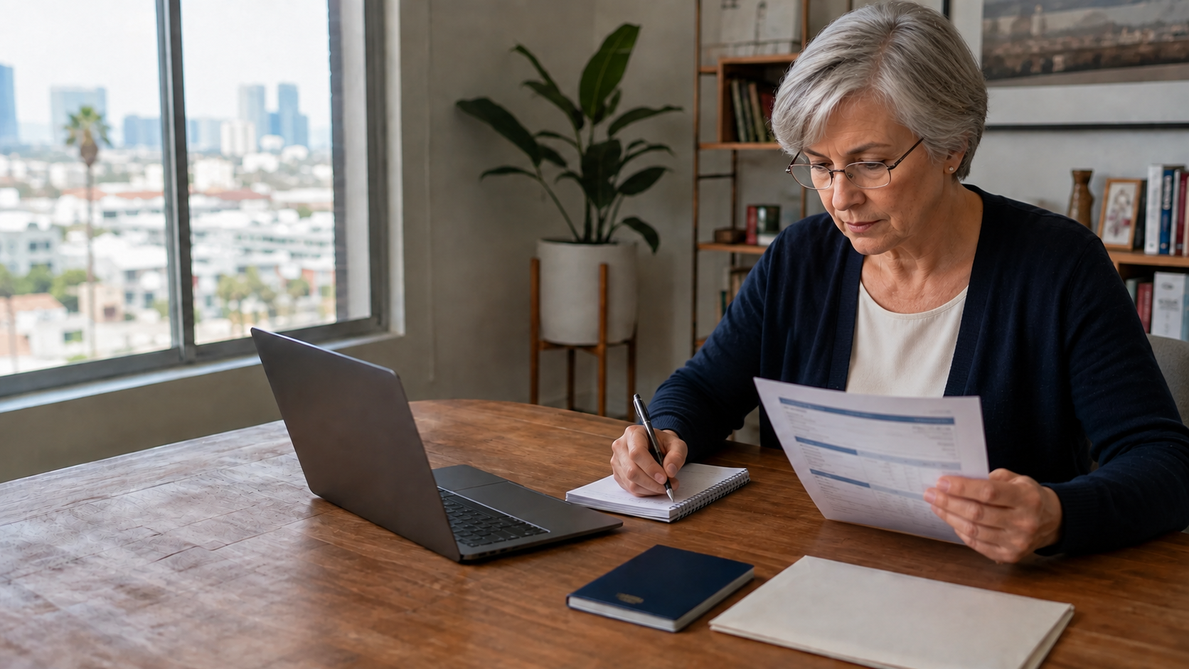 Traveler reviewing application papers beside a passport and laptop.